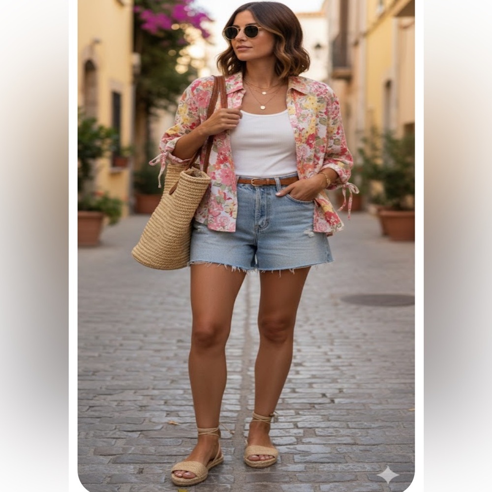 JM Collection Pink and Gold Floral linen Top